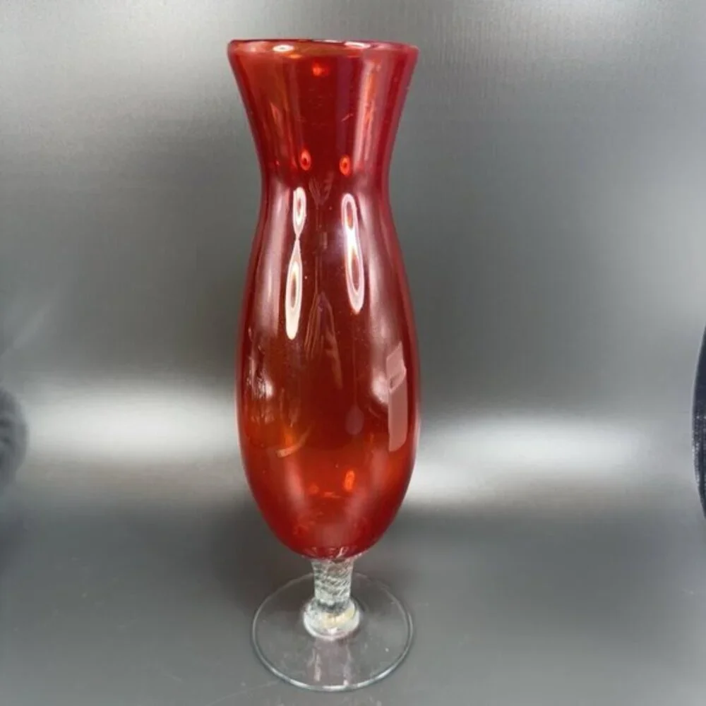 Vintage 1980s Japanese Art Glass Vase Vessel Orange With Clear Swirl Stem Bottom